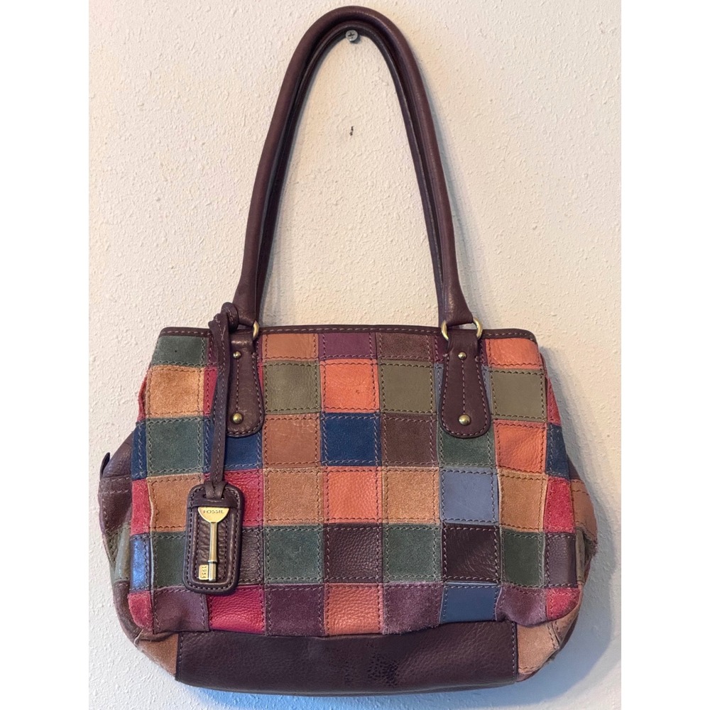 Fossil Patchwork Leather Suede Shoulder Bag Colorful Boho 1954 KeyCharm VTG Y2K